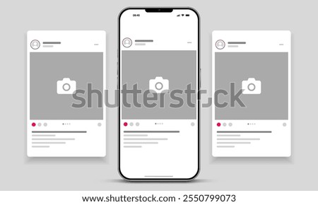 Social media carousel post template mockup. Mobile app interface with blank pictures, editable posts. Scroll frame pages, social media photography.