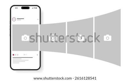 Social media carousel post template mockup. Mobile app interface with blank pictures, editable posts. Scroll frame pages, social media photography.