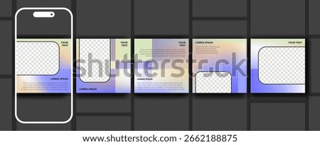 Social media carousel post templates with gradient backgrounds and photo placeholders. Minimalist layouts with soft fluid color and text areas for business content or personal branding campaigns.
