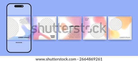 Social media carousel post templates with gradient backgrounds and photo placeholders. Minimalist layouts with soft fluid color and text areas for business content or personal branding campaigns.