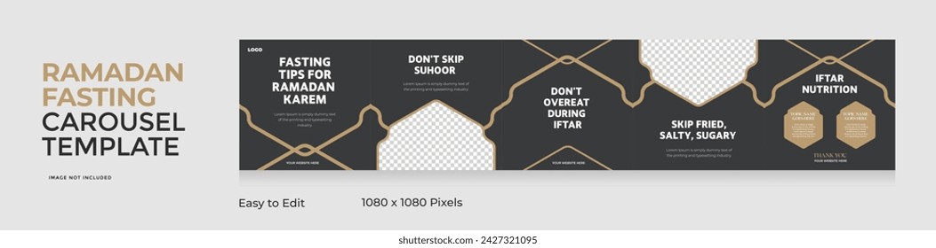 Social media carousel template, Ramadan theme square seamless square post, Ramadan fasting healthy tips, EPS vector illustration