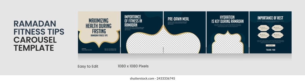 Social media carousel template, Ramadan theme square seamless square post, Ramadan fitness tips, EPS vector illustration