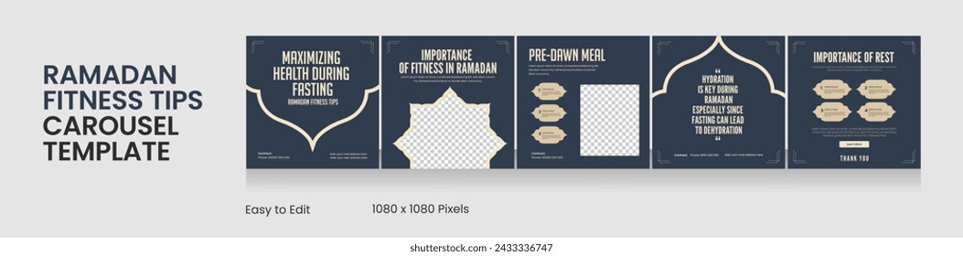 Social media carousel template, Ramadan theme square seamless square post, Ramadan fitness tips, EPS vector illustration