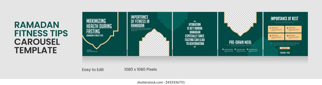 Social media carousel template, Ramadan theme square seamless square post, Ramadan fitness tips, EPS vector illustration