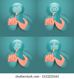 Social media cartoon character holding smartphone and touch screen icon set. Vector illustration