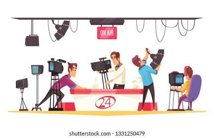 Social media cartoon composition with journalist in front of monitor and cameramen with video camera flat vector illustration