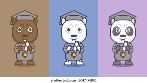 social media cartoon panda cute polar bear college graduation vector illustration for mascot logo or sticker
