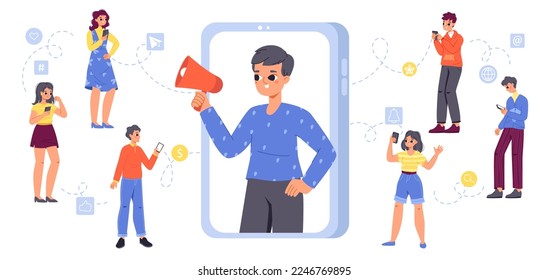 Social media celebrity, influencer marketing in phone. Engagement in viral market and ad. Walking byers in network. Snugly internet campaign vector scene