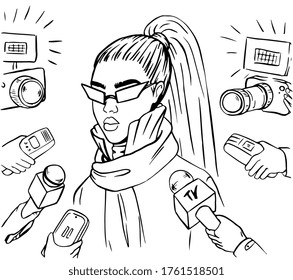 Social media celebtiry interviewed by paparazzi black and white concept illustration in retro comic style