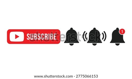 Social media channel interaction icon collection in a flat vector format, channel subscription, notification, alert, and engagement