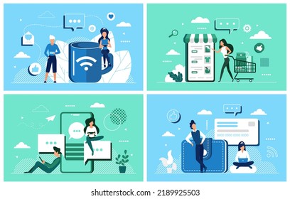 Social media chat app, ecommerce, digital marketing and shop advertising set. Cartoon tiny people use phones for shopping, pay with credit card vector illustration. Internet, communication concept