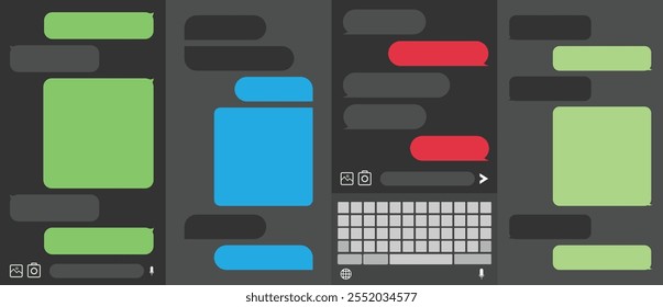 Social media chat box in dark mode, Dialogue windows with empty text boxes and keyboard layout for typing, Flat message bubble, Dialog box templates on black screen, User interface of application with