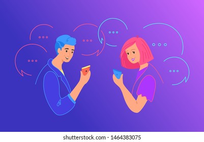 Social media chat and communication concept flat vector illustration. Two teenage girls using mobile smartphone for texting, leaving comments in social network app. Happy teenagers with speech bubbles