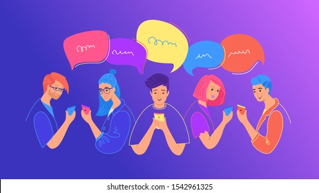 Social media chat and communication concept flat vector illustration. Teenage boys and girls using mobile smartphone for chatting, texting, comments in social media. Young people with speech bubbles