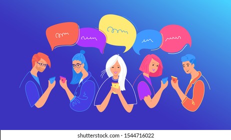 Social Media Chat And Communication Concept Flat Vector Illustration. Teenage Boys And Girls Using Mobile Smartphone For Chatting, Texting, Comments In Social Media. Young People With Speech Bubbles