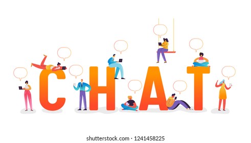 Social Media Chat Concept. Characters Chatting in Social Networks Using Laptop, Tablet and Smartphone. Man and Woman Communicating Online with Mobile Devices. Vector illustration