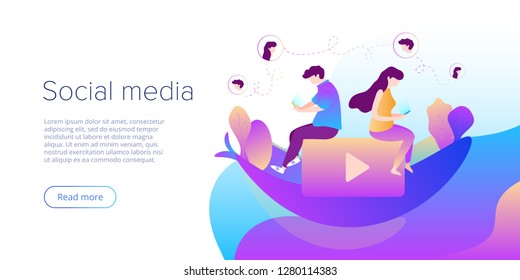 Social media chat concept in vector illustration. Teens using smartphones for virtual conversation, sharing or writing comments. Creative website layout or landing page template. Web banner concept.