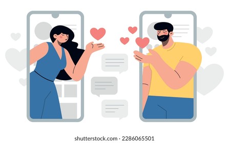 Social media chat with conversation between girl and boy. Two screens with couple in love. Flat vector minimalist illustration of application