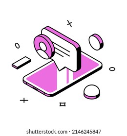 Social media chatting communication smartphone application remotely conversation 3d icon isometric vector illustration. Multimedia content network message internet community texting