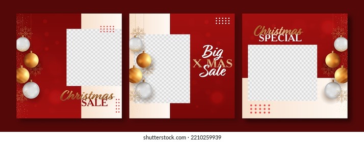 Social Media Christmas Sale Post Or Template Set With Realistic Baubles Hang, Golden Snowflakes And Space For Text Or Image.