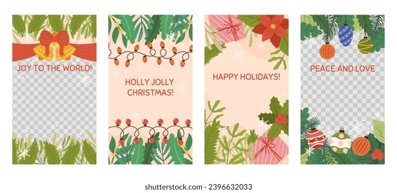 Social media Christmas stories template with copy space and transparent space for photo. Vertical banner decorated with bell with red bow and ribbon, spruce plants branches, gift boxes, light garland