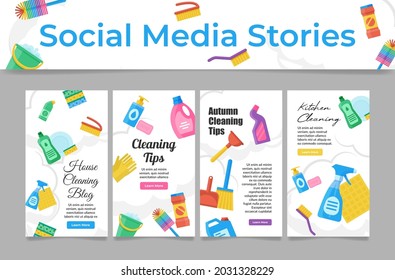 Social media cleaning service set vector flat illustration. Collection of homepage user interface of household or housekeeping with cleanser tips and detergents. Vertical poster with place for text