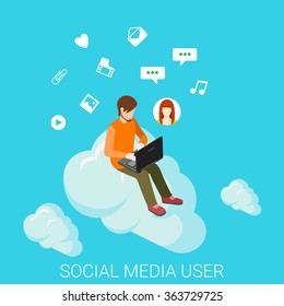 Social media cloud chat flat 3d isometry isometric online internet technology share post data communication concept web vector illustration. Young man sitting on cloud chat. Creative people collection