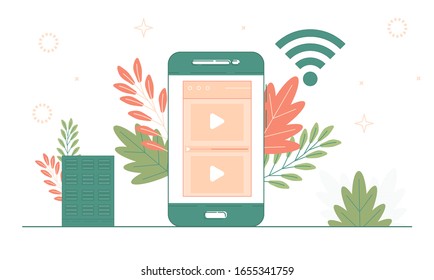 Social Media And Cloud Computing Concept, Seo, Saas, Video Apps And Web Development Vector Illustration. Wifi Hotspot From Phone, Server And Wirless Satellite Zone Network Attached Storage.