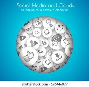 Fondo de concepto de medios sociales y nube con muchos iconos para seo, banners publicitarios, materiales de portada o folletos de marca
