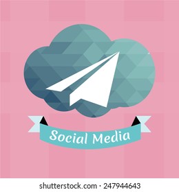 social media, cloud and paper plane over pink color background