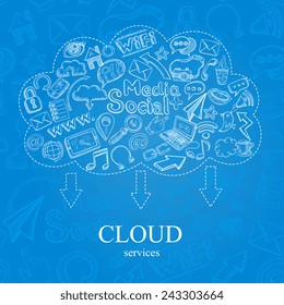 Social media cloud services concept with doodle icons set vector illustration
