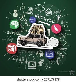 Social media collage with icons on blackboard. Vector illustration