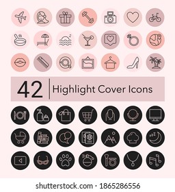 Social media collection of pink and black line covers for female account, blogger stories, lifestyle fashion elements, food and travel. highlight icons vector set