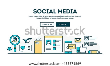 Social media, colorful concept header, flat design thin line style, vector illustration