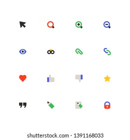 Social media - colorful material design icons set on white background. High quality images of arrow, magnifier, zoom in and out, eye, link, quote, pen, lock, star, like and dislike, clip, binoculars