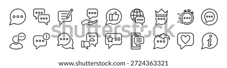 Social media comment icon set. Contains Speech bubble, conversation, write, feedback, fast response, inbox, satisfaction, information, like button, global communication - vector illustration