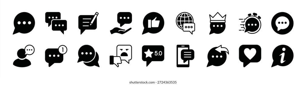 Social media comment icon vector set. Contains Speech bubble, conversation, talk, write, feedback, fast response, inbox, satisfaction, information, like button, global communication - illustration