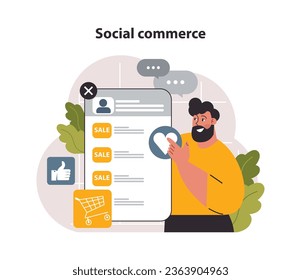 Social media commerce. E-commerce platform. Brand advertisement and selling with social network account. Targeted audience communication. Flat vector illustration