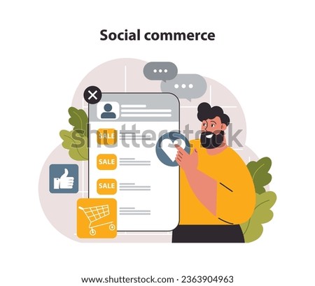 Social media commerce. E-commerce platform. Brand advertisement and selling with social network account. Targeted audience communication. Flat vector illustration