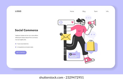 Social media commerce web banner or landing page. E-commerce platform. Brand advertisement and selling with social network account. Targeted audience communication. Flat vector illustration