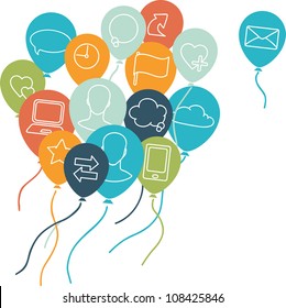 Social media, communication background with flying balloons