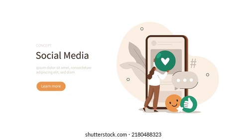 Social media communication. Characters integrating with social media platform and leaving reaction on posts, giving feedback and likes. Digital marketing and media concept. Vector illustration.