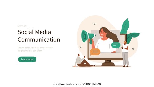 Social media communication. Characters watching promotion video in internet and giving feedback and reactions. Digital marketing and media concept. Vector illustration.
