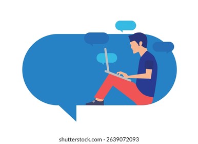 Social media, communication, chatting, social media. Man sitting on speech bubbles.