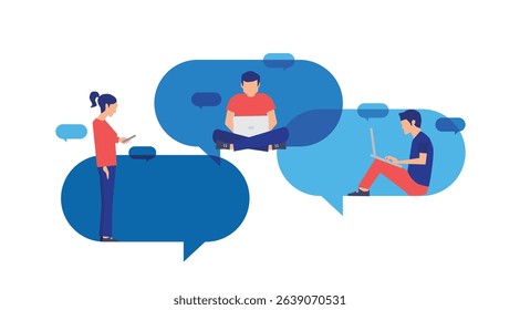Social media, communication, chatting, social media. People sitting on speech bubbles.