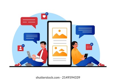 Social media communication concept. Man and woman sitting next to large smartphone, writing messages and sending them in app. Friends chat and have dialogue. Cartoon flat vector illustration