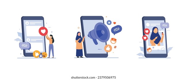Social media communication concept showing people bringing likes and reaction on posts