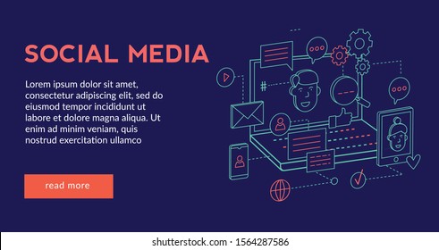 Social Media, Communication Concept  For Website Web Page, Presentation, Banner   . Vector Illustration, Futuristic Design, Isometric 3d