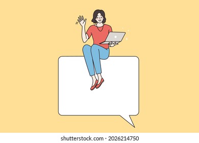 Social media and communication concept. Young businesswoman with laptop sitting on bubble talk speech sign waving hand to camera vector illustration 