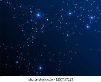 Social media communication digital concept. Network nodes plexus dark blue background. Global social media network space vector. Fractal hub nodes connected by lines. Future perspective backdrop.